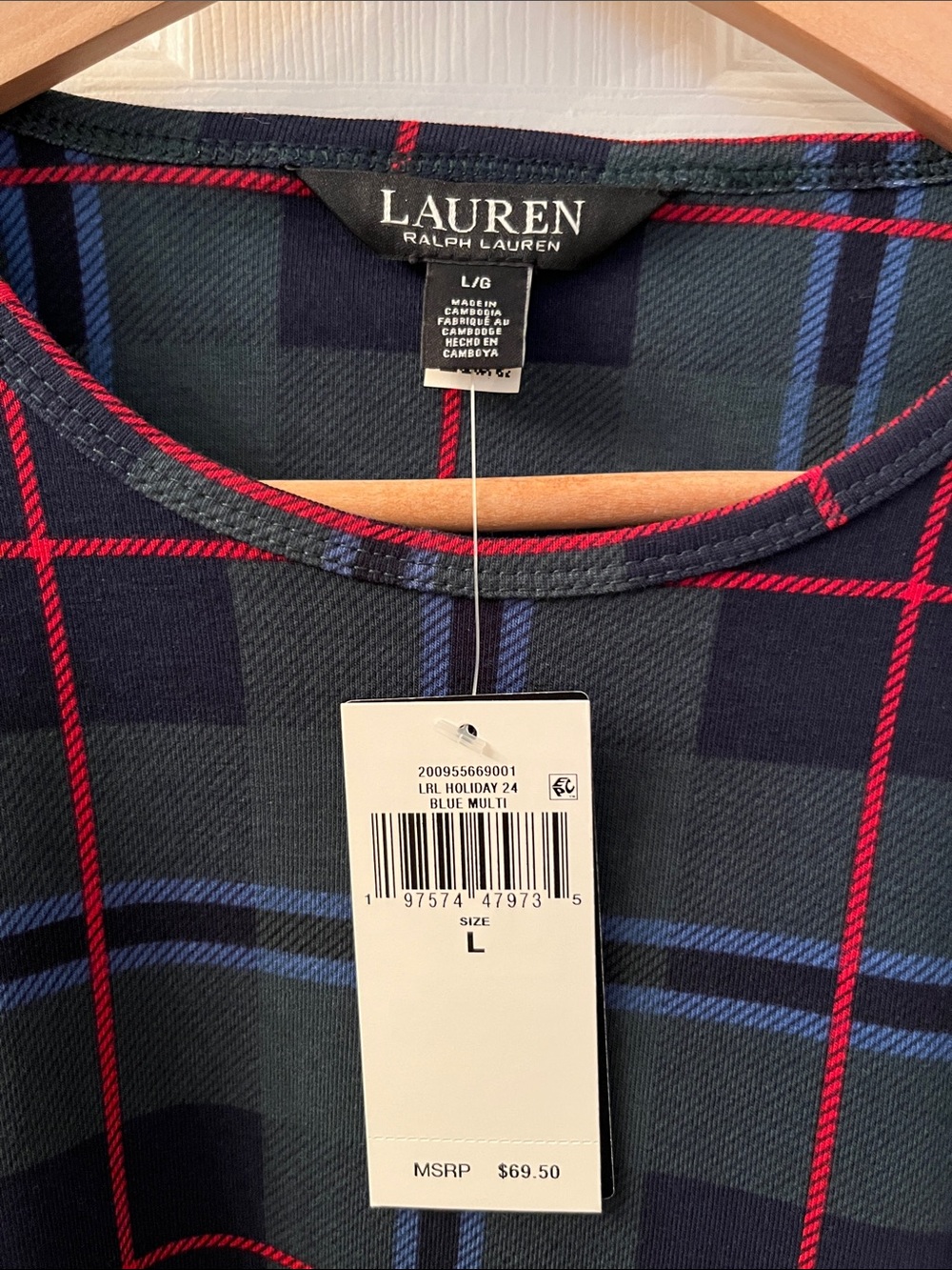 NWT Lauren Ralph Lauren Navy Plaid Long Sleeve Tee Size L - Picture 2 of 4